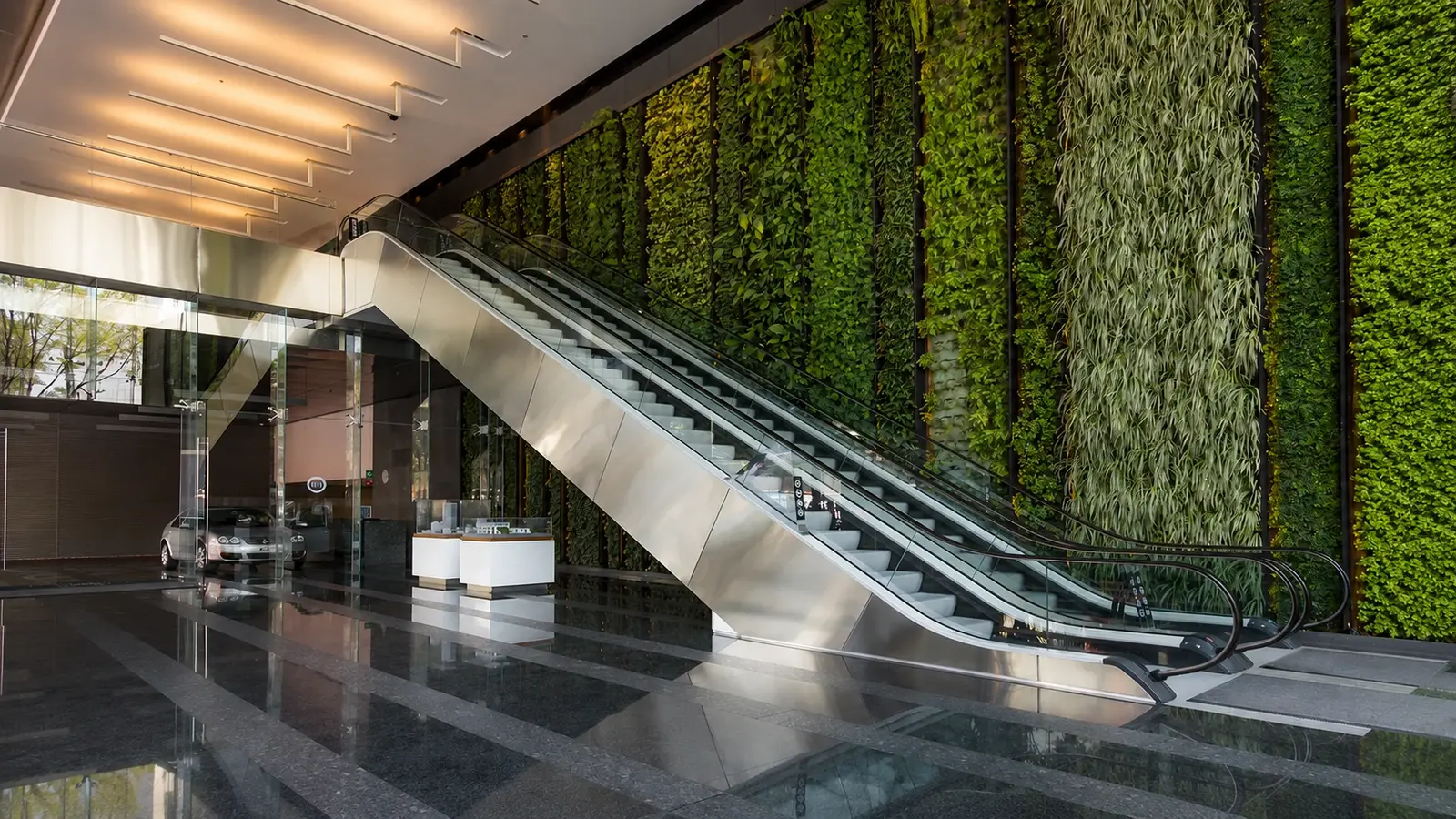 Vestíbulo corporativo con muro verde y escaleras eléctricas