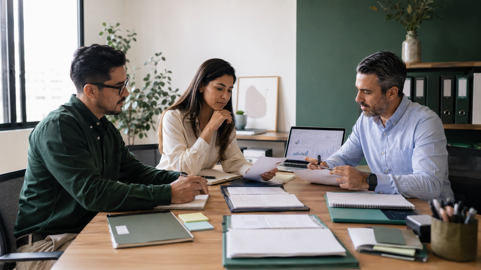 Equipo empresarial revisando el cierre de mes y la documentación de trabajo