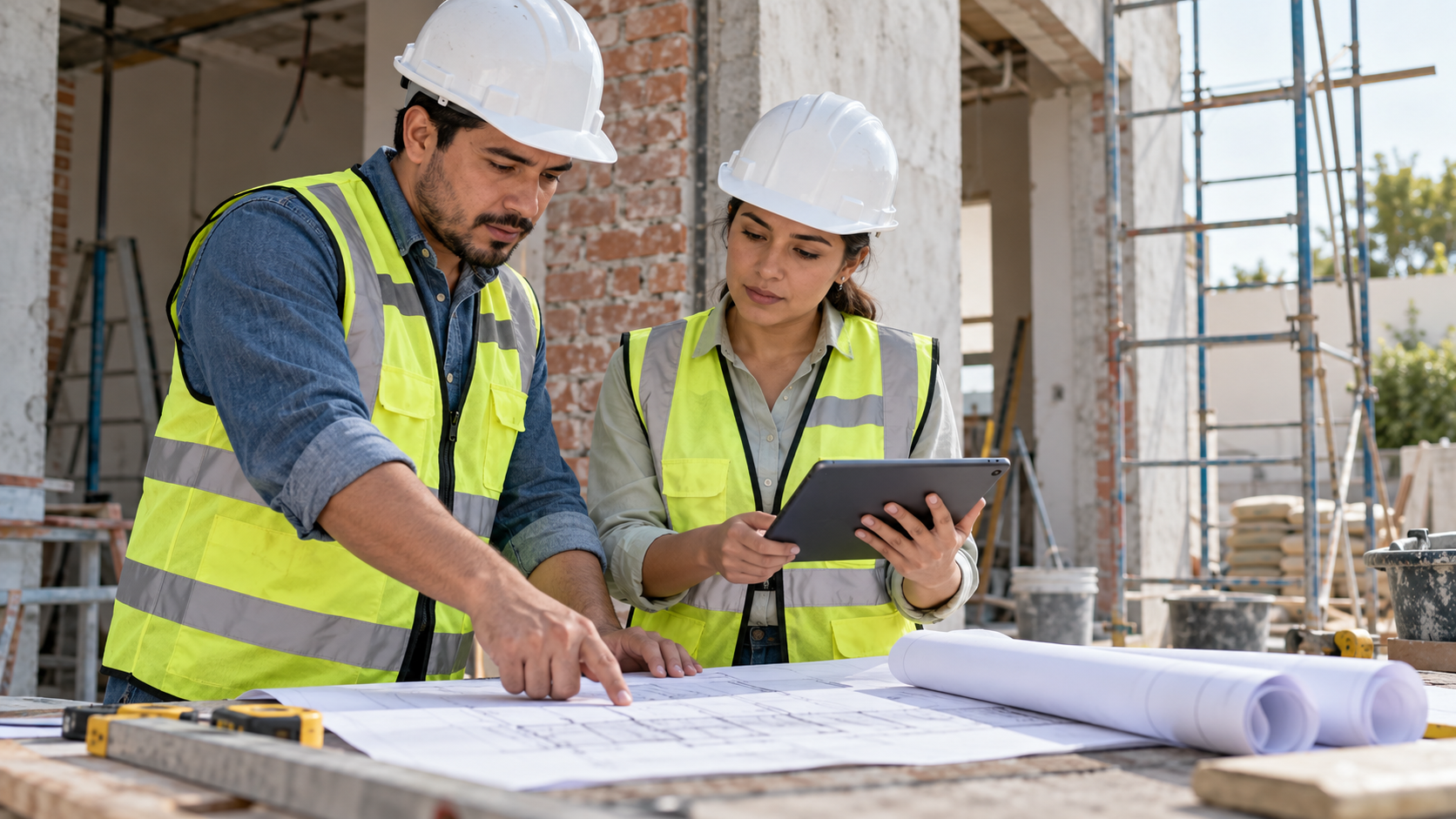 Dos responsables de obra con casco revisan planos y una tableta en una remodelación.